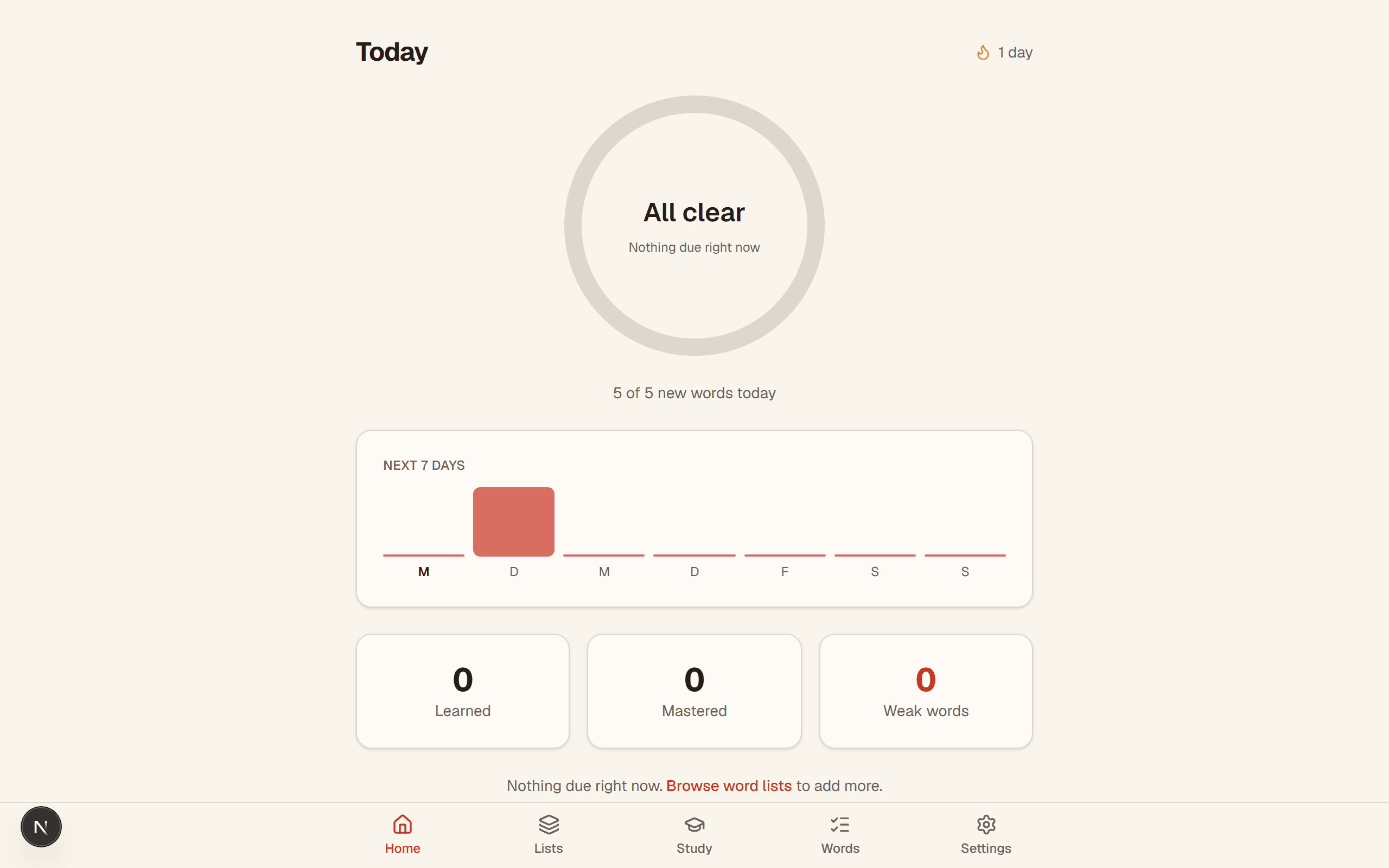 Dashboard with today's review queue and forecast