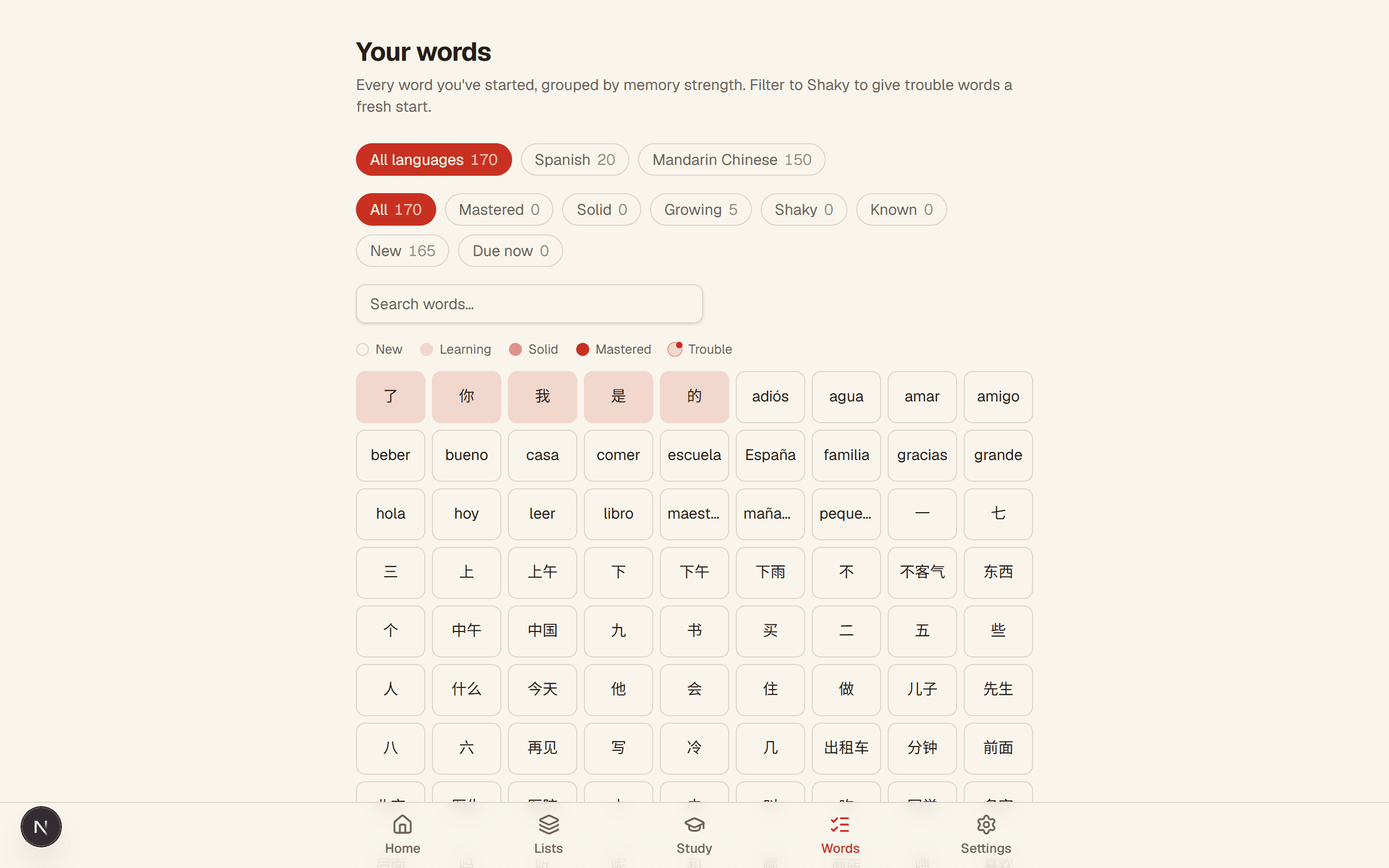 Words overview with per-word strength